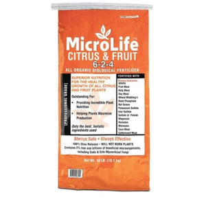 Microlife Citrus and Fruit Organic Slow Release Fertilizer Superior Nutrition for the Healthy Growth of all Citrus and Fruit Plants Outstanding for Helping Plants Maximize Production Greener Gardeners Offers Local Delivery to the Cypress area of Houston Texas Fertilizer Application also Offered at Hourly Landscaping Rate