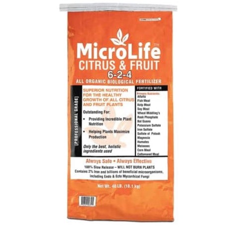 Microlife Citrus and Fruit Organic Slow Release Fertilizer Superior Nutrition for the Healthy Growth of all Citrus and Fruit Plants Outstanding for Helping Plants Maximize Production Greener Gardeners Offers Local Delivery to the Cypress area of Houston Texas Fertilizer Application also Offered at Hourly Landscaping Rate