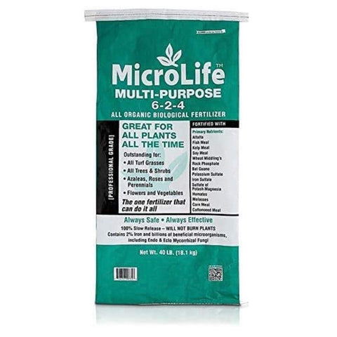 Microlife Multi-Purpose Organic Slow Release Fertilizer Great for All Plants All the Time Outstanding for All New Turf Grasses All Trees and Shrubs Azaleas Roses and Perennials Flowers and Vegetables Always Safe Always Effective Greener Gardeners Offers  Local Delivery to the Cypress area of Houston Texas Fertilizer Application also Offered at Hourly Landscaping Rate